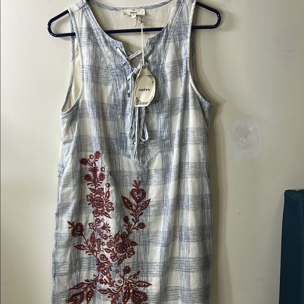 entro Plaid Linen-Blend Sleeveless Dress with Red Floral Embroidery